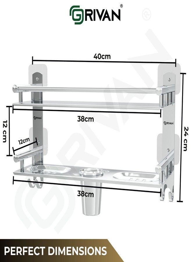 GRIVAN Stainless Steel Self Adhesive 2 Tier Multipurpose Shelf/Shelve/Rack/Organizer/Stand/Holder with Double Soap Dish and Toothbrush Holder Bathroom Accessories - Image 2
